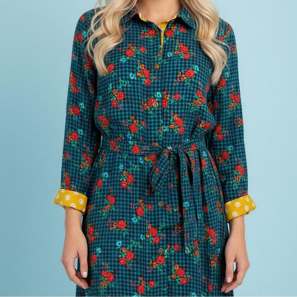 Matilda Jane Fa La La check/floral‎ cottagecore button up tie belt shirtdress-XS